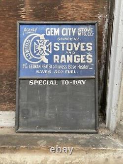 1900 Antique Quincy Illinois GEM Stove & Ranges Double Sided Smaltz Painted Sign