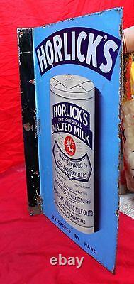 1930 Vintage Horlicks Malted Milk Double Sided Enamel Sign Original Rare England
