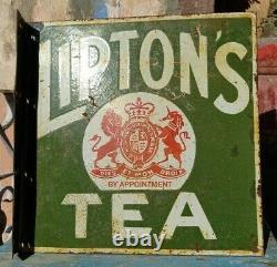 1930's Old Vintage Very Rare Double Sided Lipton Tea Porcelain Enamel Sign Board