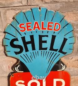 1930's Old Vintage Very Rare Double Sided Shell Oil Porcelain Enamel Sign Board