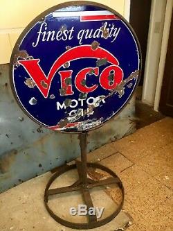 1930's Original Vico Motor Oil Double Sided Porcelain Sign and Curbside Stand