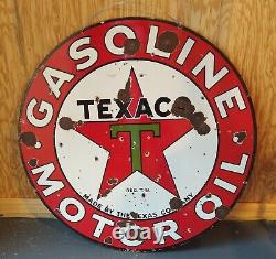 1930s 42 Texaco (Black Bordered Dark Green T) Double Sided Porcelain Sign