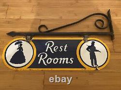 1930s Double Sided Porcelain Hanging Restroom Sign 21x6.5