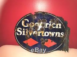 1930s Goodrich Silvertown Tires Double-Sided Porcelain Flange Gas Oil Sign Rare