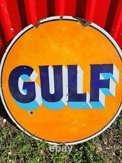 1930s Gulf Oil Double Sided Porcelain Sign Rare 30 inch