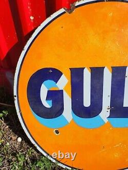 1930s Gulf Oil Double Sided Porcelain Sign Rare 30 inch