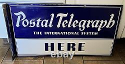 1930s Int'l POSTAL TELEGRAPH Double Sided Flange ENAMEL SIGN Baltimore Enamel NY