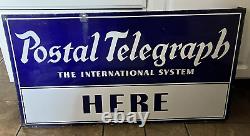 1930s Int'l POSTAL TELEGRAPH Double Sided Flange ENAMEL SIGN Baltimore Enamel NY