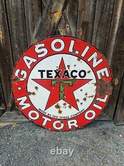1930s Texaco Motor Oil Sign. Double Sided. Porcelain. 42in
