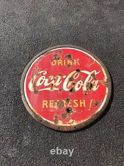 1938 Double Sided Porcelain Coca Cola Refresh Soda Sign 30 Lollipop WithRing