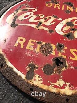 1938 Double Sided Porcelain Coca Cola Refresh Soda Sign 30 Lollipop WithRing