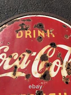 1938 Double Sided Porcelain Coca Cola Refresh Soda Sign 30 Lollipop WithRing