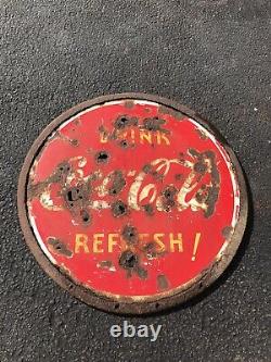 1938 Double Sided Porcelain Coca Cola Refresh Soda Sign 30 Lollipop WithRing