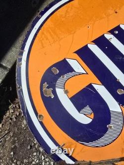 1940s Large Gulf Dealer Sign Porcelain Large Double Sided Original Original