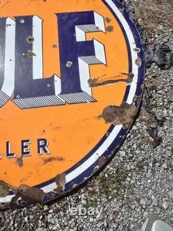 1940s Large Gulf Dealer Sign Porcelain Large Double Sided Original Original