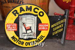 1940s Ramco Motor Overhaul Double Sided Tin RARE Flange Sign TAC