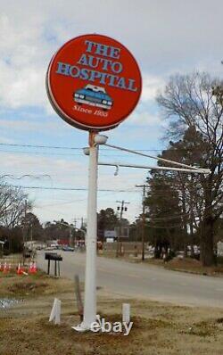 1950's Lighted Cast Iron Pole Sign with Double Sided Ring Globe & Two Hanging Sign