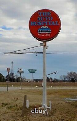 1950's Lighted Cast Iron Pole Sign with Double Sided Ring Globe & Two Hanging Sign