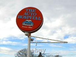 1950's Lighted Cast Iron Pole Sign with Double Sided Ring Globe & Two Hanging Sign