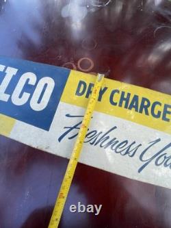 1950s DELCO BATTERY DOUBLE SIDED FLANGE SIGN RARE TIN GAS OIL AS IS