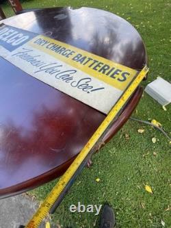 1950s DELCO BATTERY DOUBLE SIDED FLANGE SIGN RARE TIN GAS OIL AS IS