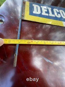 1950s DELCO BATTERY DOUBLE SIDED FLANGE SIGN RARE TIN GAS OIL AS IS