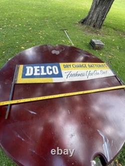 1950s DELCO BATTERY DOUBLE SIDED FLANGE SIGN RARE TIN GAS OIL AS IS