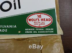 1963 Nos Wolf's Head Motor Oil Can Rack Dst Double Sided Tin Sign Not Porcelain