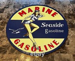 24 Seaside Gasoline Porcelain Double Sided Heavy Metal Sign Rare Find