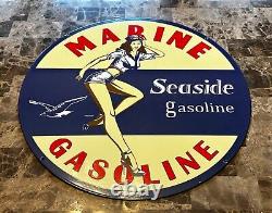 24 Seaside Gasoline Porcelain Double Sided Heavy Metal Sign Rare Find