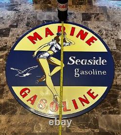 24 Seaside Gasoline Porcelain Double Sided Heavy Metal Sign Rare Find