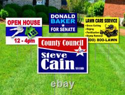 50 Custom Yard Signs 18x24 Full Color Double Sided 30 inch Stakes Included