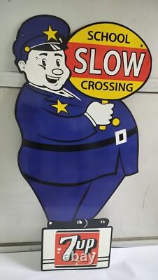 7up SLOW School Crossing Guard Porcelain Enamel Sign 40 x 20 Inches 2 Sided