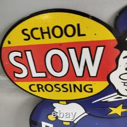 7up SLOW School Crossing Guard Porcelain Enamel Sign 40 x 20 Inches 2 Sided
