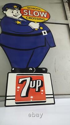 7up SLOW School Crossing Guard Porcelain Enamel Sign 40 x 20 Inches 2 Sided