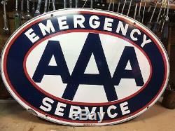 AAA EMERGENCY SERVICE DOUBLE SIDED 1950's PORCELAIN SIGN 24 X 36 W Alum Ring