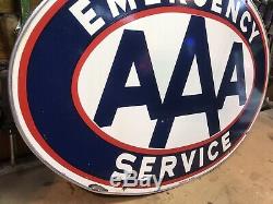 AAA EMERGENCY SERVICE DOUBLE SIDED 1950's PORCELAIN SIGN 24 X 36 W Alum Ring