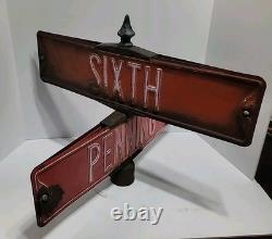ANTIQUE STREET SIGN 6th ST PENNING ST ORIGINAL DOUBLE SIDED EMBOSSED METAL