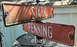 ANTIQUE STREET SIGN 6th ST PENNING ST ORIGINAL DOUBLE SIDED EMBOSSED METAL