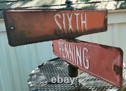 ANTIQUE STREET SIGN 6th ST PENNING ST ORIGINAL DOUBLE SIDED EMBOSSED METAL