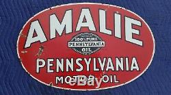 Amalie Pennsylvania Motor Oil Double Sided Porcelain Curb Sign Dated 1932