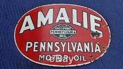 Amalie Pennsylvania Motor Oil Double Sided Porcelain Curb Sign Dated 1932