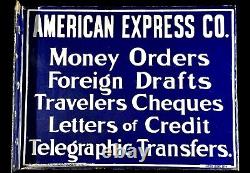 Antique 1914 Enamel Porcelain American Express Double-Sided Colbalt Blue Sign