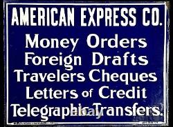 Antique 1914 Enamel Porcelain American Express Double-Sided Colbalt Blue Sign