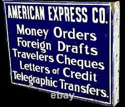 Antique 1914 Enamel Porcelain American Express Double-Sided Colbalt Blue Sign