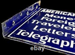 Antique 1914 Enamel Porcelain American Express Double-Sided Colbalt Blue Sign