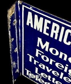 Antique 1914 Enamel Porcelain American Express Double-Sided Colbalt Blue Sign