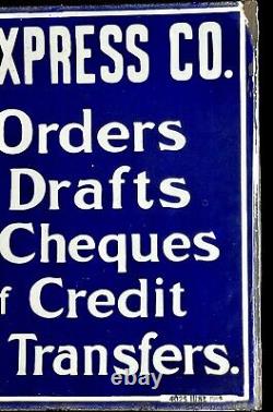 Antique 1914 Enamel Porcelain American Express Double-Sided Colbalt Blue Sign