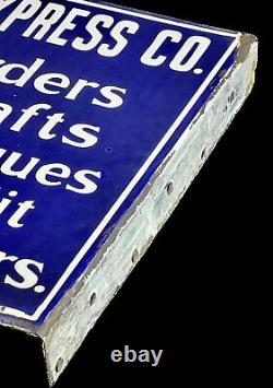 Antique 1914 Enamel Porcelain American Express Double-Sided Colbalt Blue Sign