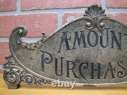 Antique AMOUNT PURCHASED Cash Register Topper Sign Double Sided Ornate